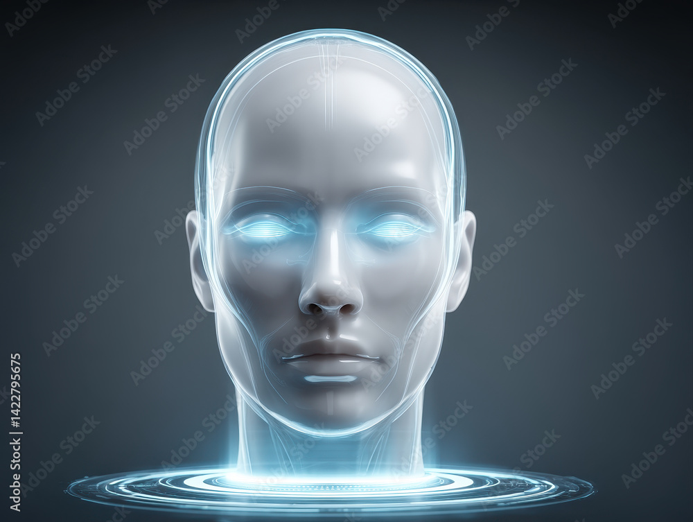 Poster futuristic head design showcases integration of ai and technology, reflecting innovation and advance
