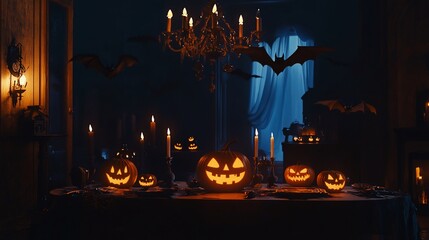Spooky Halloween Night, Illuminated Pumpkins and Bats in a Haunted Mansion