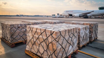 91.Air cargo logistic containers are loading to an airplane. Air transport shipment prepare for loading to modern freighter jet aircraft at the airport