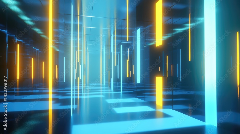 Poster futuristic corridor with glowing blue and yellow neon lights in a reflective digital environment. id