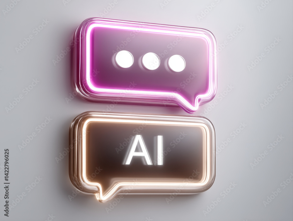 Poster neon chat bubbles with ai technology symbols create vibrant visual representation of modern communic
