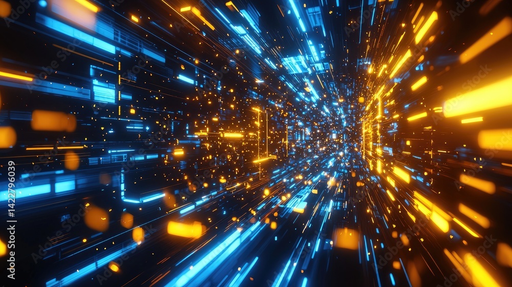 Poster high-speed digital tunnel filled with dynamic blue and yellow glowing data streams, representing fut
