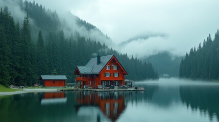 Fototapeta premium Crimson Cabin Retreat Lake Reflections under Mountain Mist