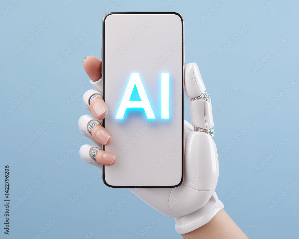 Aufkleber robotic hand holds smartphone displaying glowing letters representing ai technology, showcasing inno