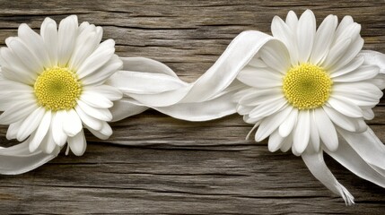 Obraz premium Two White Daisies with White Ribbon on Rustic Wooden Background