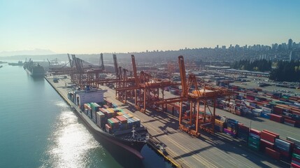 Fototapeta premium 27.Aerial shot of a bustling shipping dock with cranes transferring colorful containers to a waiting freight vessel under bright daylight.