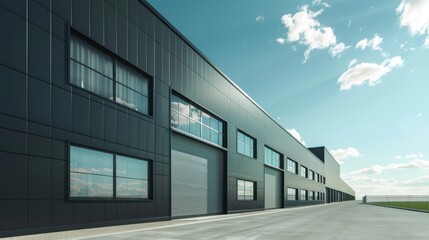 Modern warehouse exterior with architectural features and efficient space usage. minimalist,