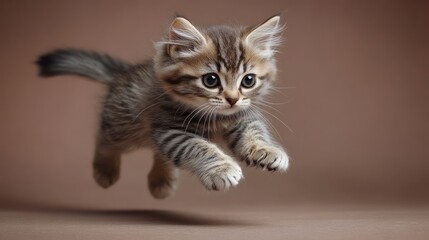 Cute tabby kitten leaps forward against a neutral colored background