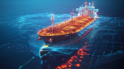 Fototapeta premium 114.Advanced visualization of a dry cargo ship, augmented with high-tech graphics representing international logistics and real-time data monitoring.