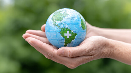close up of hands holding globe with health symbol, representing global health awareness and care. vibrant colors of globe highlight continents and oceans