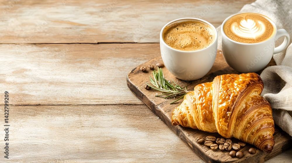 Poster a tempting spread of a freshly baked flaky croissant alongside a creamy latte creating a comforting 
