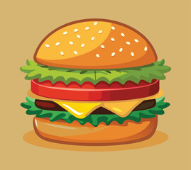 Illustrate a plate with a juicy cheeseburger and crispy golden fries. The burger should have layers of cheese, lettuce, tomatoes, and pickles, with a sesame seed bun. Vector illustration