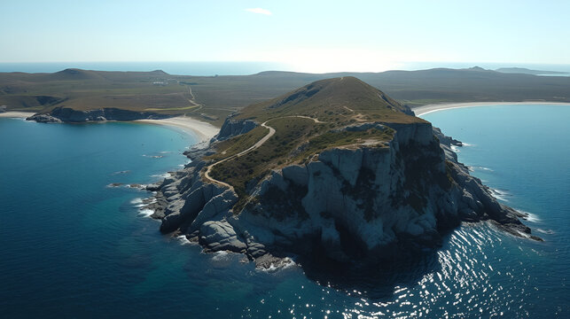 Qarraba Bay flat rock cape Malta, Aeriale stablishing shot in the morning sunlight showing hiking trekking path and two beaches on both side. High quality 4k footage