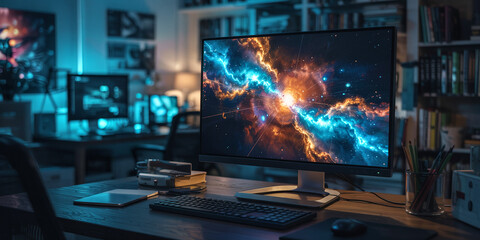 Fototapeta premium Desktop computer setup with nebula wallpaper for gaming and working from home office desk with keyboard