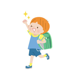 ランドセルを背負ってガッツポーズする男の子