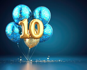 Celebrating 10th birthday with blue and gold balloons and the number 10 in gold.  Shiny balloons with glittery sprinkles. Dark navy blue background
