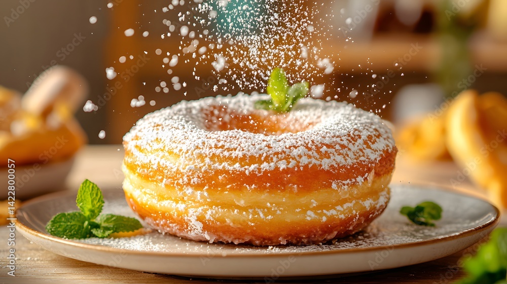 Poster decadent layered cake with a zesty citrus flavor topped with a light dusting of powdered sugar and a
