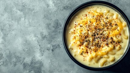 A creamy bowl of macaroni and cheese topped with seasoning, set against a textured gray background.