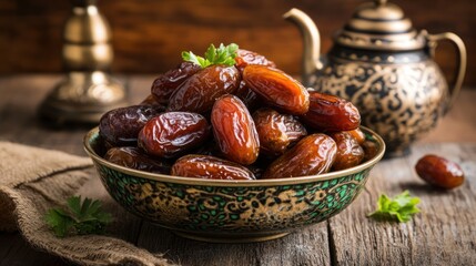 Delicious Medjool Dates in an Ornamental Bowl Set Against a Rustic Backdrop