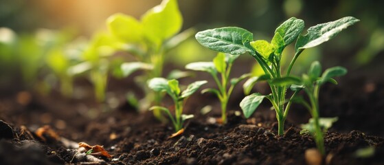 Green seedlings emerging from rich soil, illuminated by soft sunlight, symbolize growth and vitality in a natural setting.