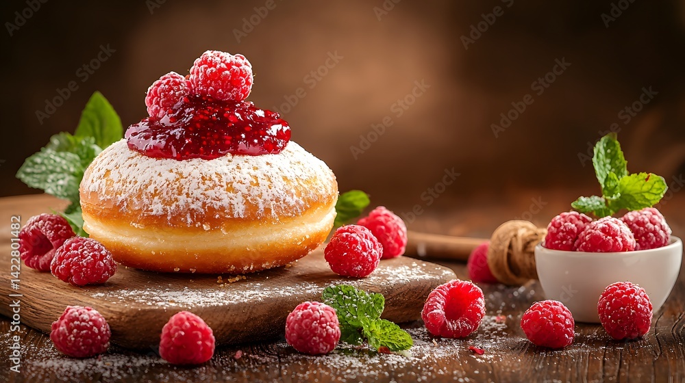 Poster a delicious powdered sugar coated raspberry filled donut rests on a rustic wooden table surrounded b