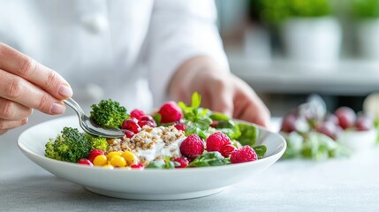Healthy breakfast bowl with fresh ingredients.  A person enjoying a colorful, nutritious meal featuring grains, fruits, vegetables, and yogurt