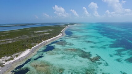 Obraz premium Coastal expanse of turquoise waters and lush vegetation.