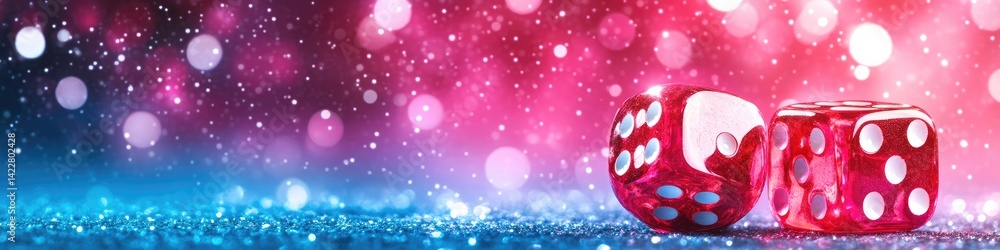 Poster two vibrant red dice with white dots against a backdrop of soft-focus, shimmering lights in shades o