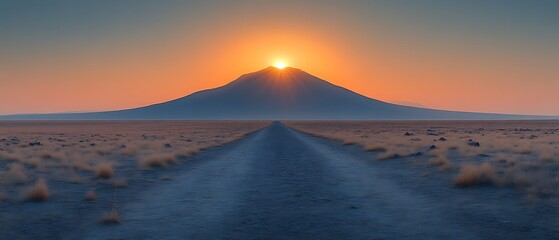 Sunset over a distant mountain, seen from a long dirt road.