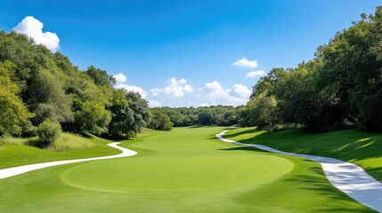 Fototapeta premium Golf Course Fairway Winding Paths Lush Green Style High Definition Wide Angle View Undulating Terrain Peaceful Relaxation Hillside Background Vibrant Sunny Mood Ideal for Resort Marketing