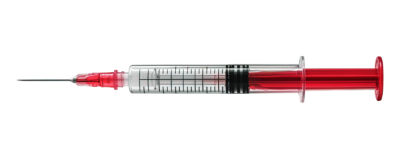 Syringe with Red Plunger Filled with Liquid Isolated on Transparent Background, generative ai