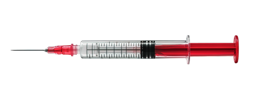 Syringe with Red Plunger Filled with Liquid Isolated on Transparent Background, generative ai