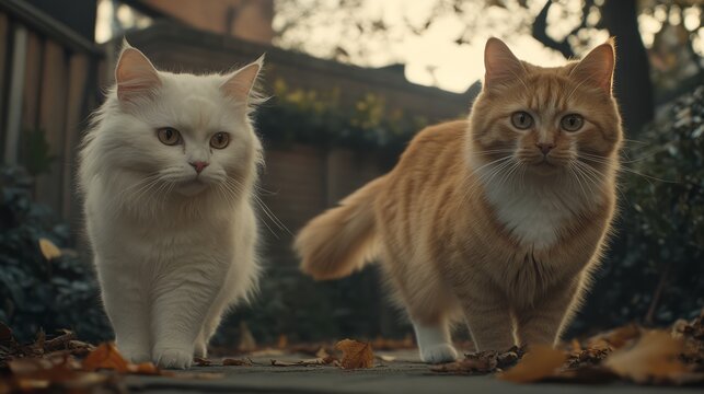 A white cat and an orange cat staring forward