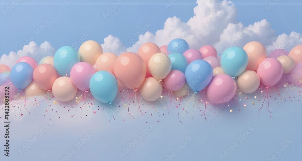 Poster **description:** a colorful cloudscape scene with pastel balloons floating amongst fluffy clouds. a 