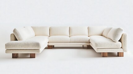 White sectional sofa with a wood frame and white cushions