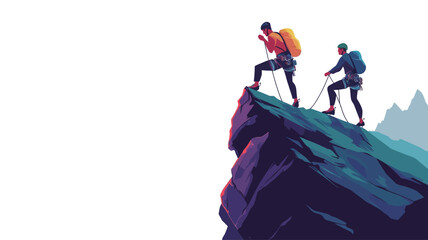 A vector illustration of two climbers scaling a rocky outcrop, approaching the summit, in a bold, graphic style using vibrant gradient colors of blue, purple, and orange.