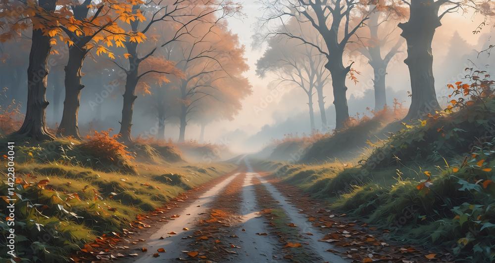 Poster **Description:**

A misty autumn scene showcases a path lined with trees. Sunlight filters through the fog, illuminating the foliage. The road leads into the distance, suggesting a tranquil journey th