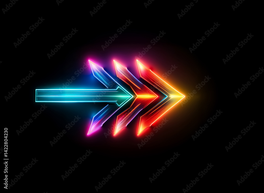 Aufkleber glowing arrow. bold, radiant sign pointing right in neon hues against a deep black background. vibra
