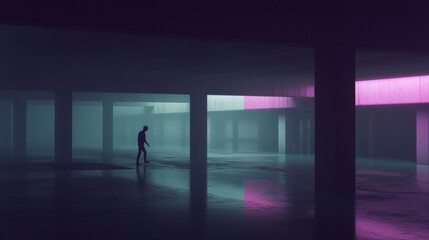 Silhouette of a Person Walking Alone in a Dark Purple and Pink Lit Parking Garage