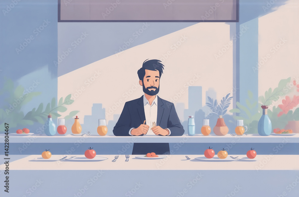 Poster a stylish avatar, a man in a suit, stands behind a table showcasing various bottles and food items. 