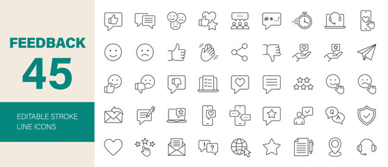 Feedback icon set. Containing testimonial, rating, like, dislike, survey, review, satisfied, customer, message, chat, comment and more. Editable line icons. Vector illustration.