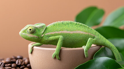 Fototapeta premium vibrant chameleon perched on coffee cup, surrounded by coffee beans and green leaves, creates lively and unique scene. chameleon textured skin and bright color add interesting focal point