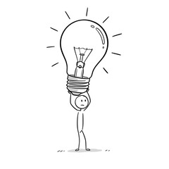 Stick figure holding a large lightbulb over his head in black and white