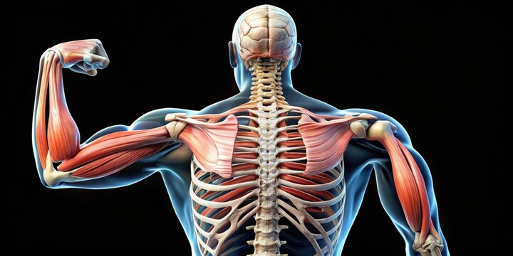 Detailed image of humerus bone with muscle action from behind, showcasing biceps brachii and triceps brachii muscles , arm, fitness