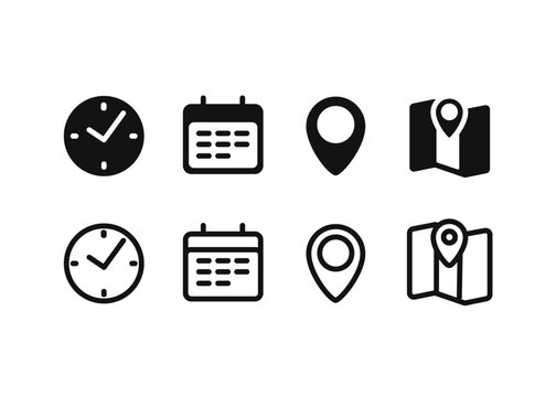 Time, date and address icon set. Calendar, clock, location and map. Time, contact, calendar, home. Set web icons for UI interface. Linear vector outline illustration. Vector illustration