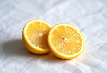 Fresh lemon halves citrus fruit photography yellow lemons on white background food photography close up shot