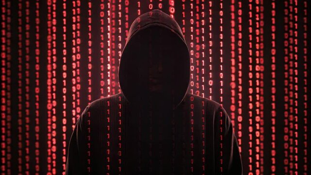 A dark background featuring neon red binary code in a visually striking digital design.