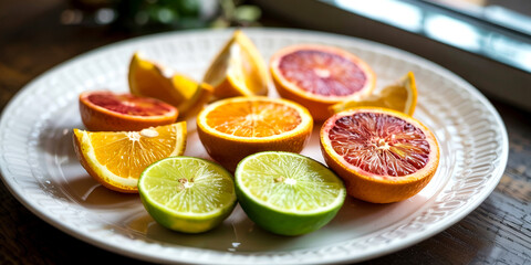 Fresh citrus fruit plate: oranges, blood oranges, and limes for healthy eating and vitamin c boost