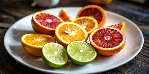 Fresh citrus fruit plate: blood oranges, oranges, limes, healthy eating and vitamin c boost concept