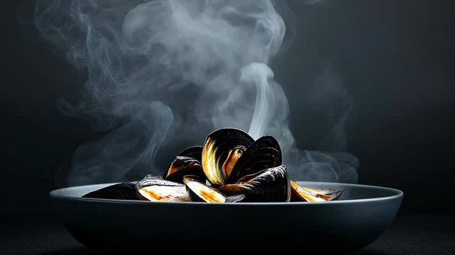 Steaming mussels in bowl, dark background, food photography, recipe illustration